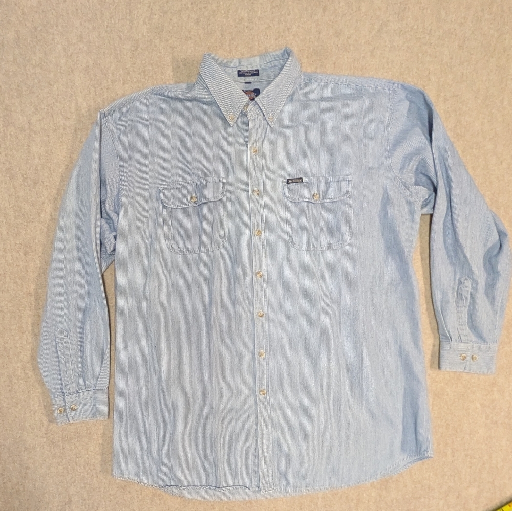 Dickie's Soft Denim Blue Pin Stripe Casual Men's Button Up Size 2XL Tall